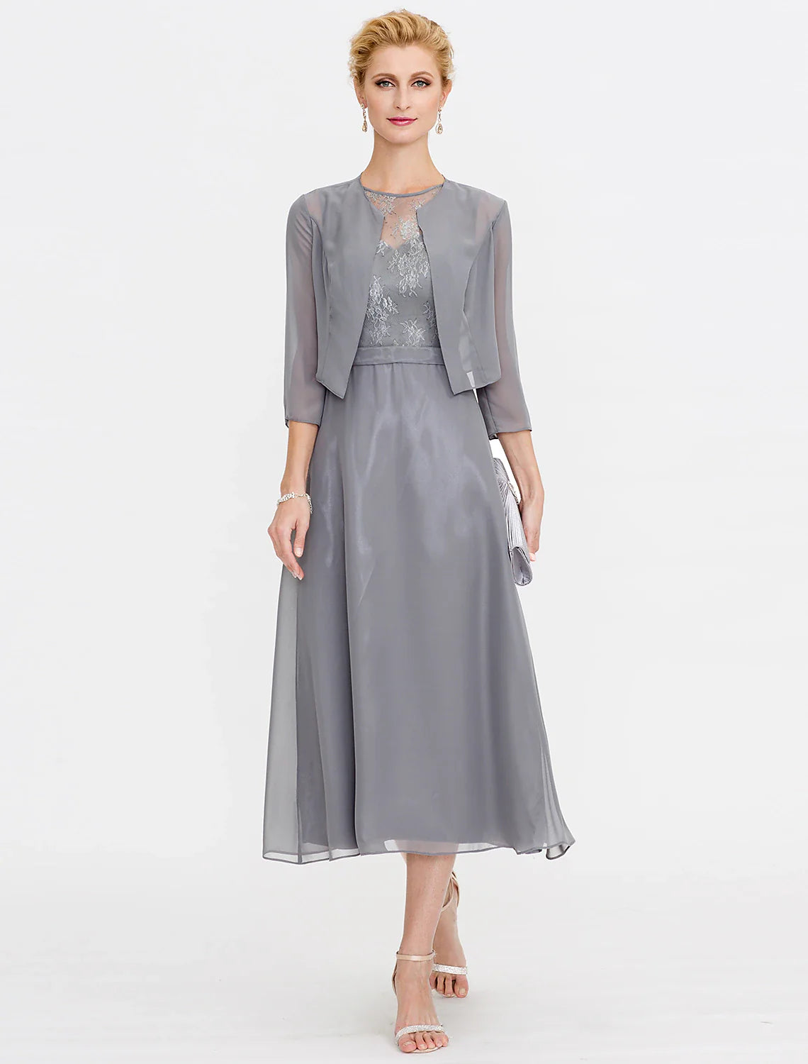 Wholesale A-Line Mother of the Bride Dress Fall Wedding Guest Dresses Plus Size Elegant Illusion Neck Tea Length Chiffon Corded Lace Sleeveless Wrap Included with Lace Pleats